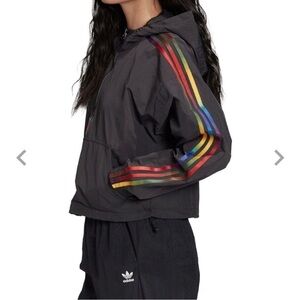 Adidas Black Cropped Jacket with Multicolor Stripes